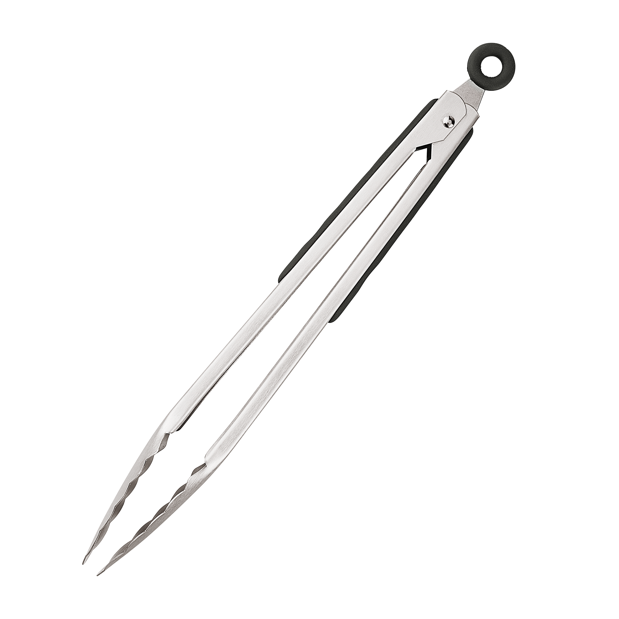 Product photo, side view, 12 inch stainless steel tongs, in closed and locked position..