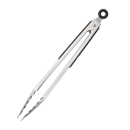 Product photo, side view, 12 inch stainless steel tongs, in closed and locked position..