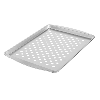 Grill top tray. Perforated surface. Steel construction. Made in USA. For grilling small and tender foods. Brandless. Designed for outdoor grills.