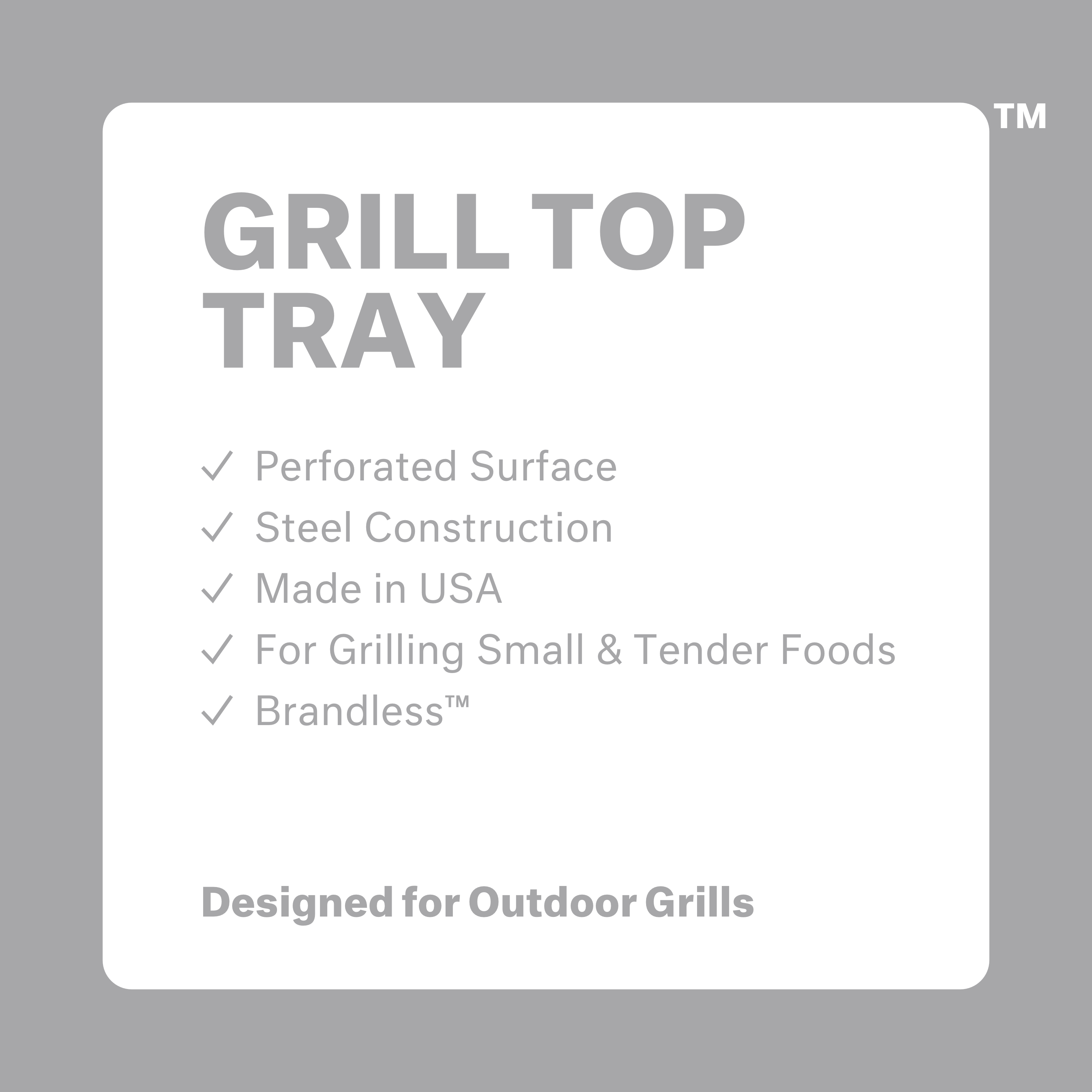 Grill top tray. Perforated surface. Steel construction. Made in USA. For grilling small and tender foods. Brandless. Designed for outdoor grills.