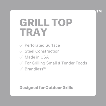Grill top tray. Perforated surface. Steel construction. Made in USA. For grilling small and tender foods. Brandless. Designed for outdoor grills.