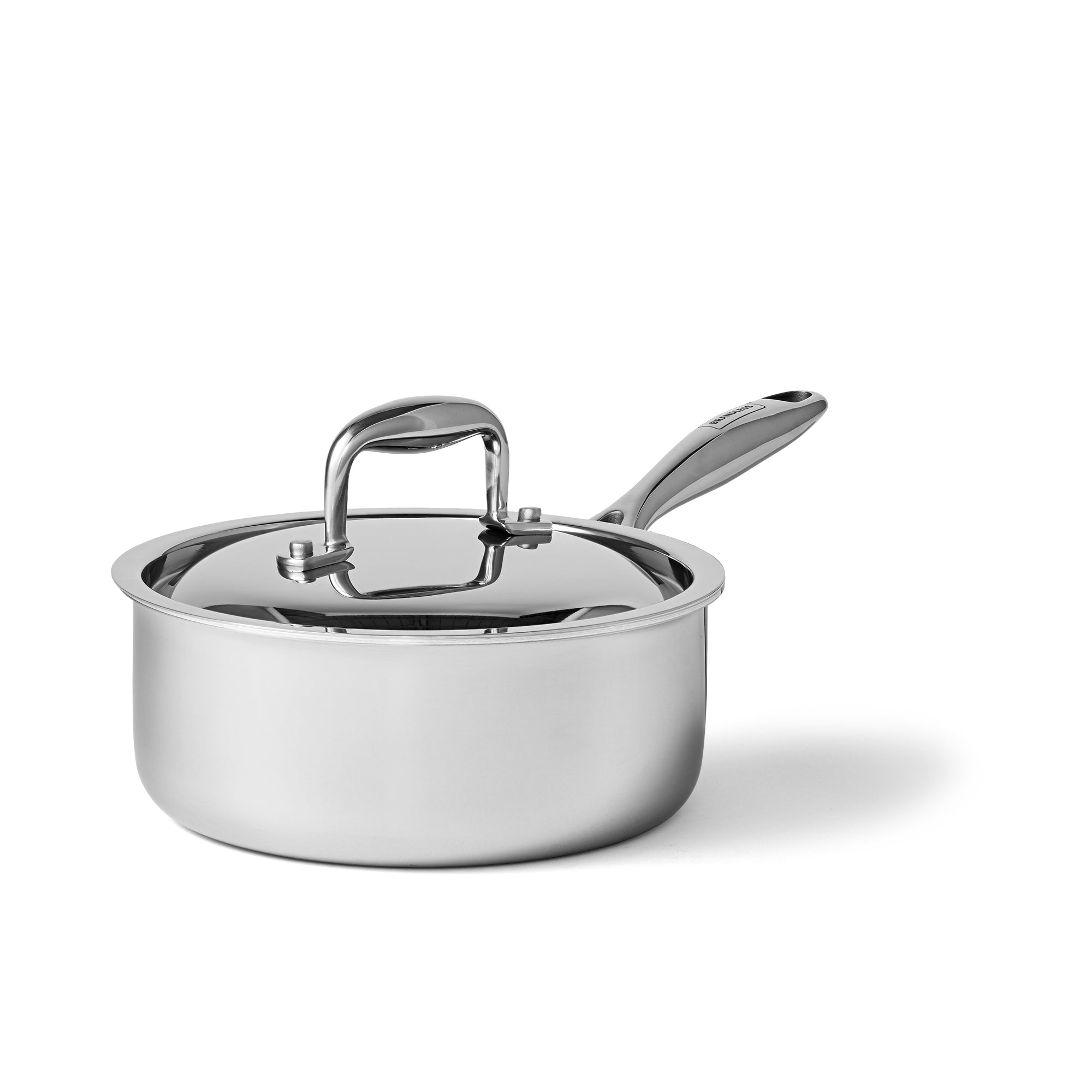 Product photo of 2 quart sauce pan with lid on white background.