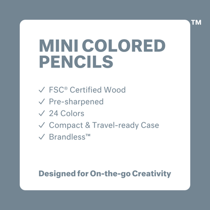 Mini Colored Pencils. FSC certified wood. Pre-sharpened. 24 colors, Compact & travel-ready case. Brandless. Designed for on-th-go creativity.