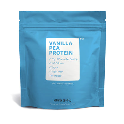Vanilla pea protein. 28g protein per serving. 150 calories, vegan, sugar free* (not a reduced calorie food). Front of bag.