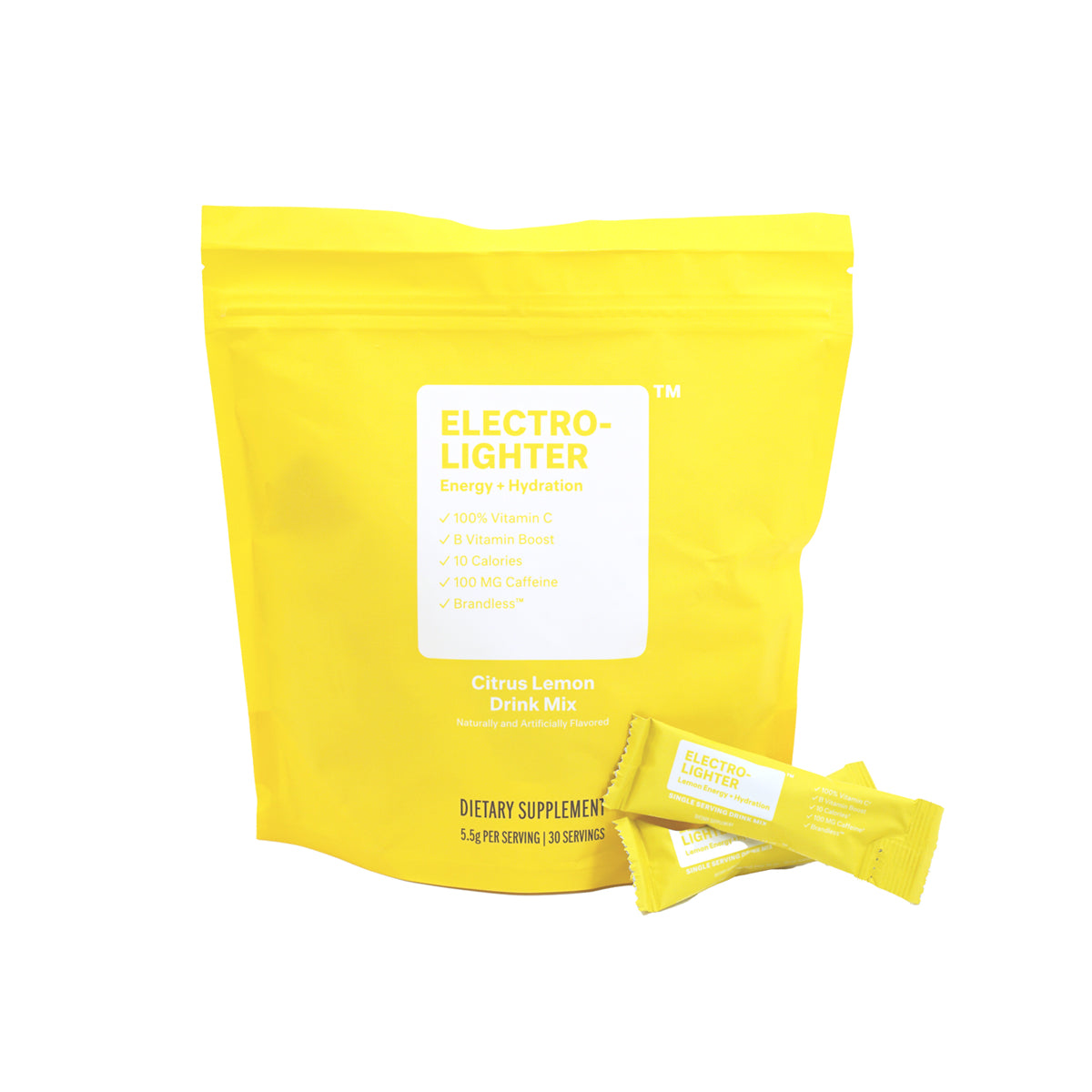 Electro-Llighter Energy + Hydration. 100% Vitamin C. B Vitamin Boost. 10 Calories. 100mg Caffeine. Brandless. Natural Lemon Flavor Drink Mix. Dietary Supplement. 5.5g per serving | 30 servings. Front of pouch and two single serving stick packs.