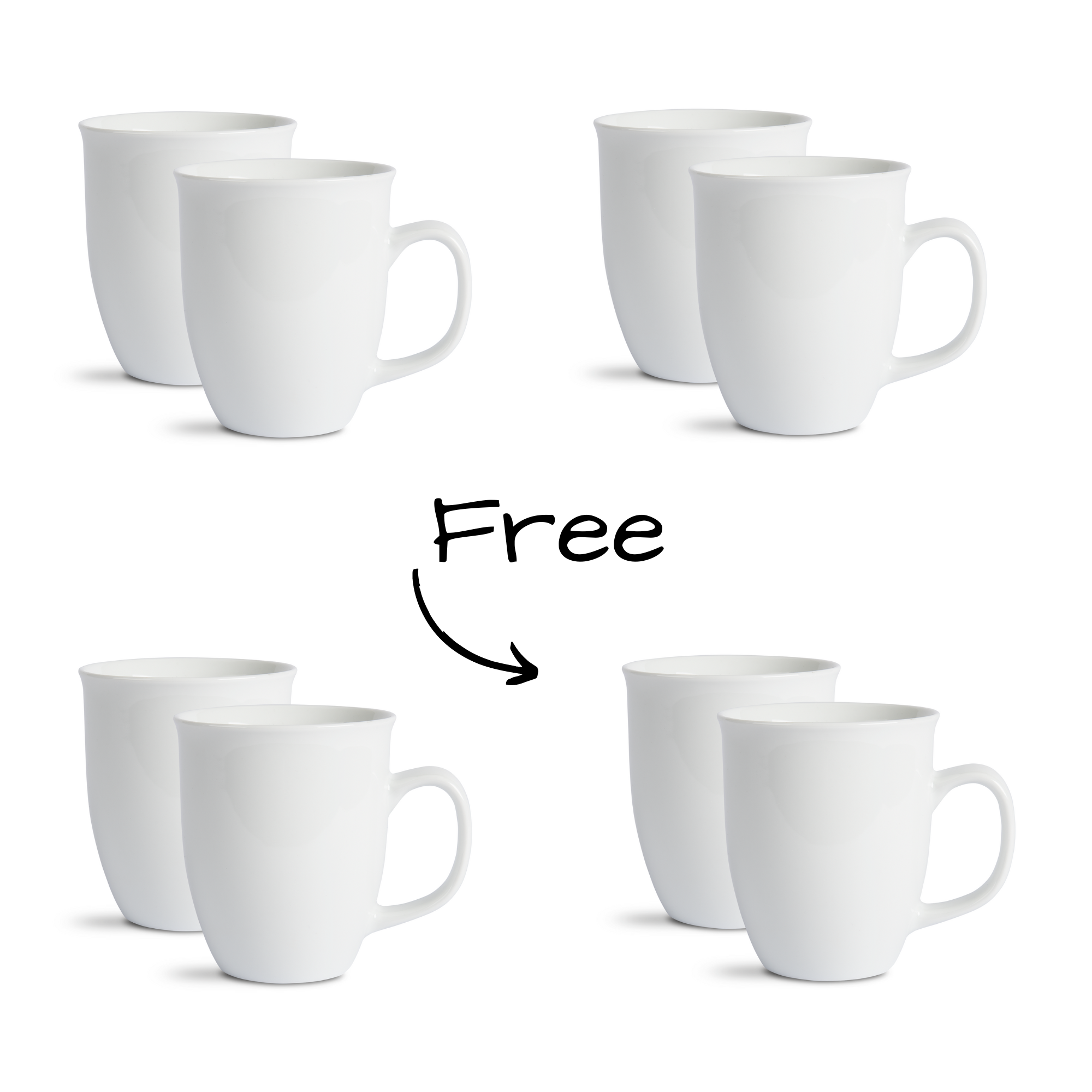 Buy 6 get 2 free! Side view, porcelain mug