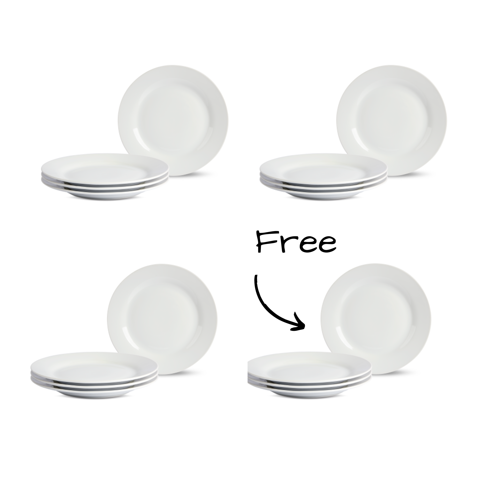 Buy 12 get 4 free! Front view, 12 stacked dinner plates and 4 upright plates.